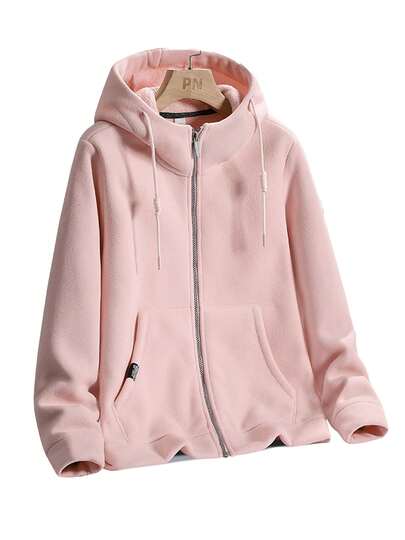 粉色女士保暖连帽拉链衫，适合跑步、健身、休闲和户外活动，配有口袋和抽绳。冬季滑雪适用。