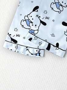 Sanrio Hello Kitty Silk Pajama Set, 97% Polyester 3% Elastane, Short Sleeve Button Front Lapel Bow Cartoon Cute Front Button Pocket Contrast Trim