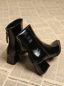 2025秋季新款优雅简约女士黑色短靴，粗跟低跟尖头鞋，踝靴，秋冬季百搭时尚短靴 - 黑色 - 查看 5