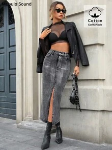 Mobula Sound 时尚休闲时尚银箔开衩牛仔女裙