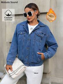 休闲时尚牛仔夹克，保暖内衬，适合日常穿着，秋冬季 - 藏蓝色 - 查看 7