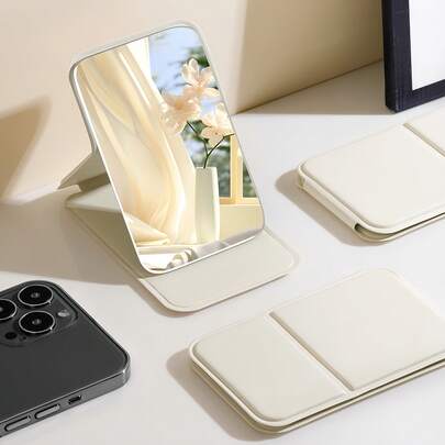 1pcs Foldable Travel Makeup Mirror With Bracket | Portable Rectangular Compact Vanity Mirror For Women, 3 Colors (White/Black/Pink) | Ideal Gift For Beauty Tools, Tabletop Beauty Accessory, Elegant Accessory, Durable Foldable Design