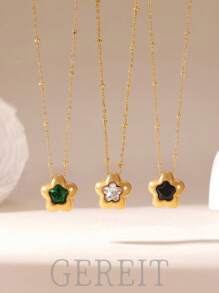 GEREIT 1pc 18k Gold Stainless Steel Flower Zirconia Pendant Necklace For Women, Versatile For Daily Wear