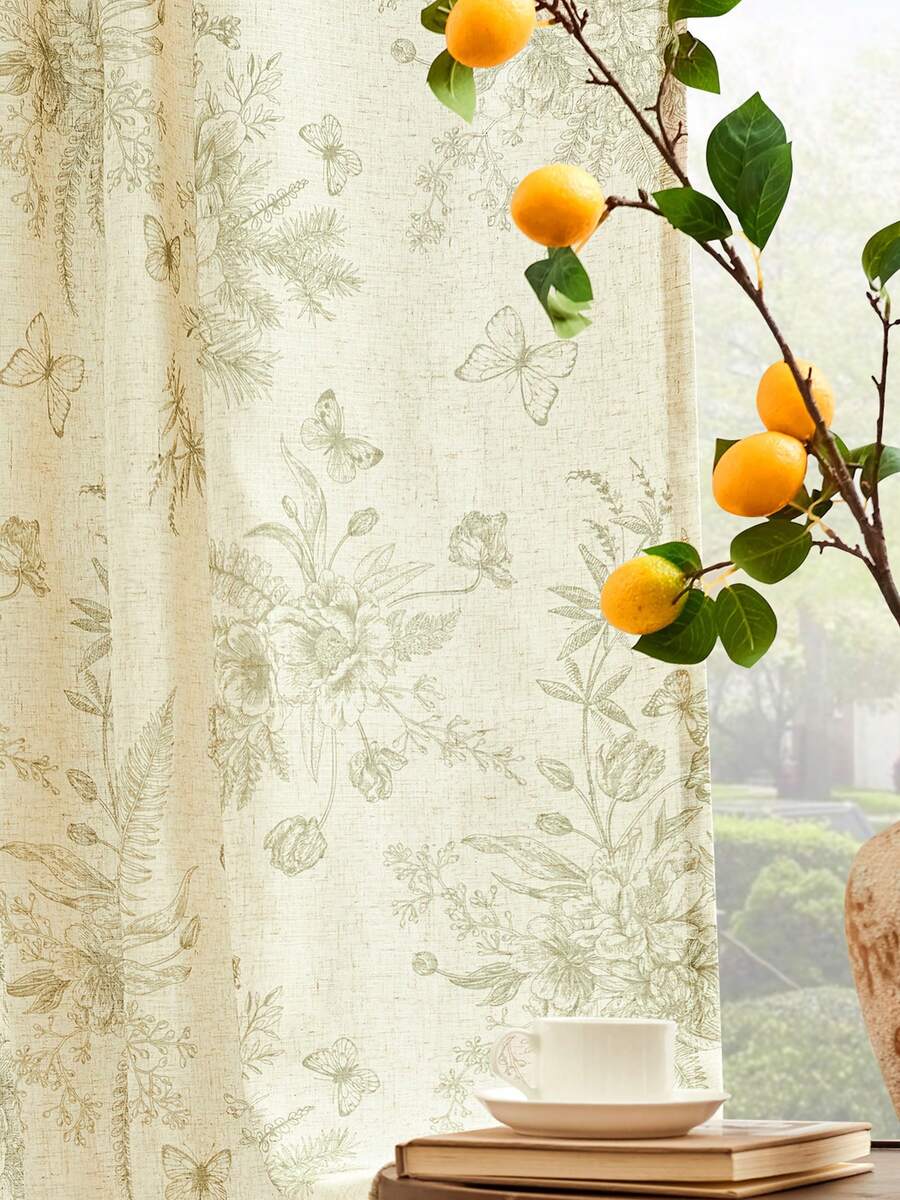 Vangao 2 Pcs Semi-Sheer Linen Butterfly Flower Printed Rod Pocket Curtains French Country Vintage Curtain Panpel Lightweight Light Filtering Well Made Good Color And Quality Drapes Provide Privacy Farmhouse Window Treatments - màu xanh lá - Xem 1