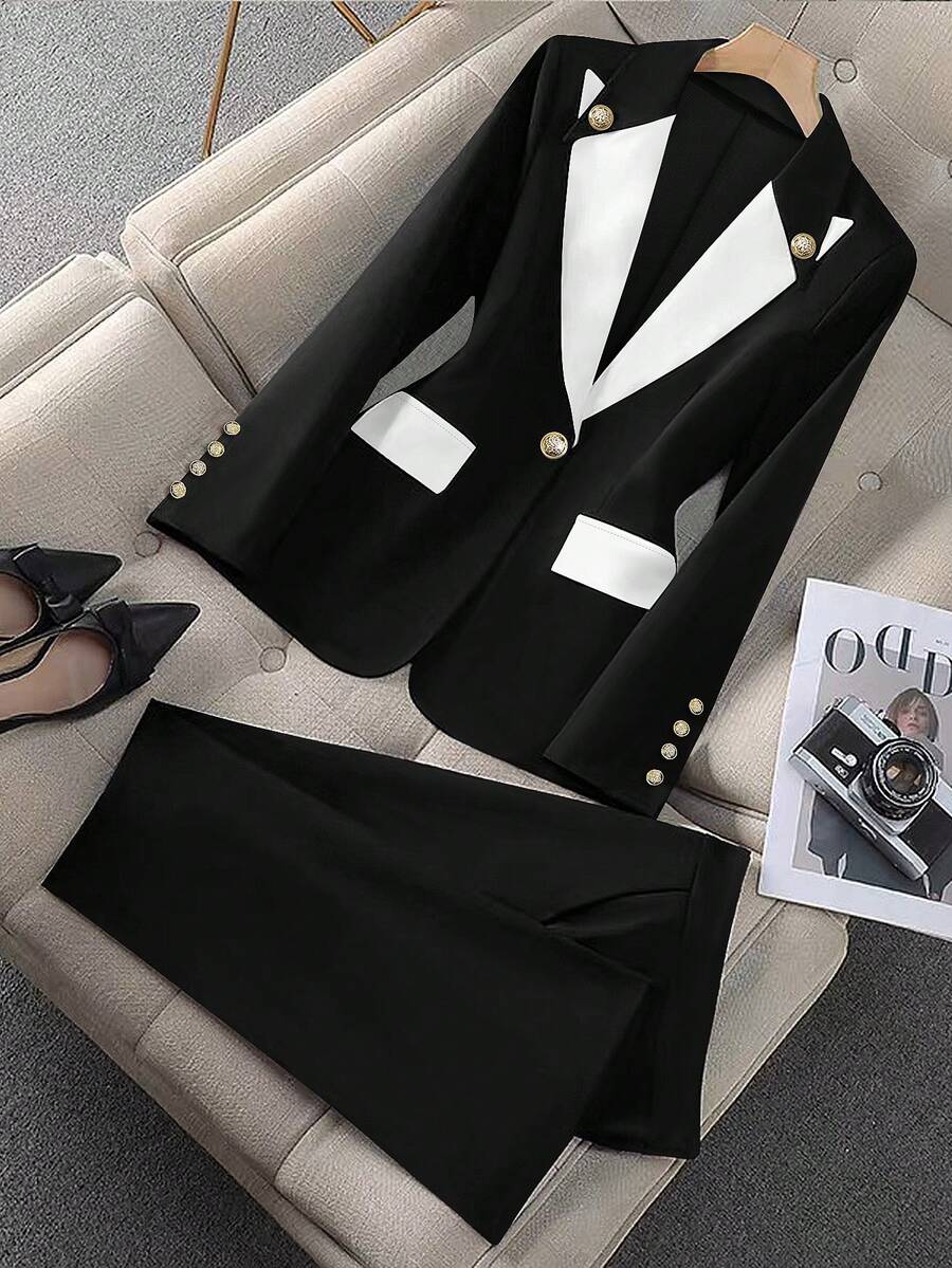 1 Set Women's Contrast Color Patchwork Fashionable Blazer Jacket And Pants Suit Spring - Multicolor - View 1