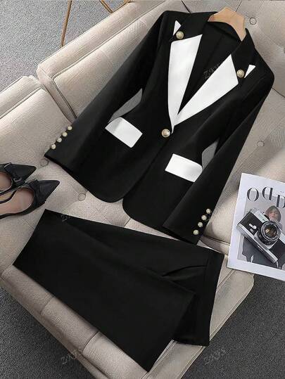 1 Set Women Two-Tone Patchwork Casual Blazer & Trousers Suit
