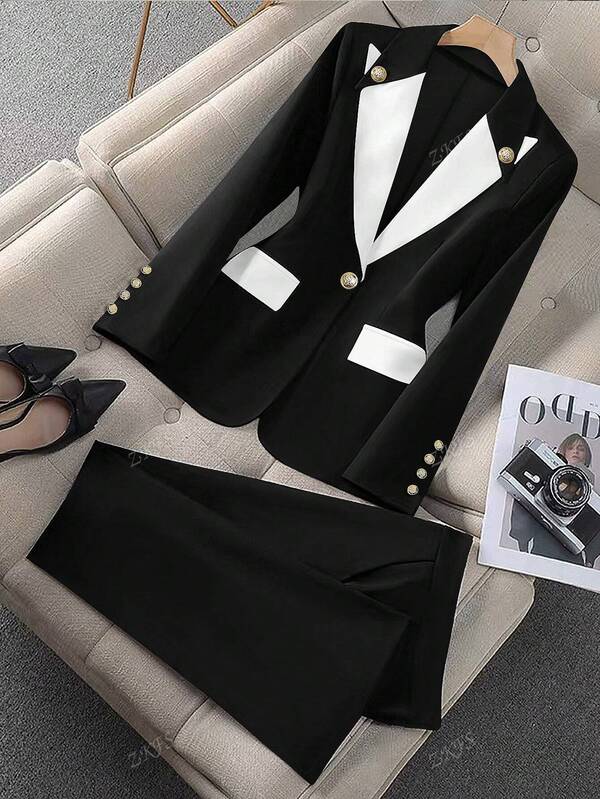 1 Set Tailleur Casual da Donna a Tinta Bicolore, Giacca Blazer e Pantaloni