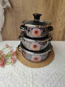 3pcs Enamel Cookware Set, Thick Double-Ear Enamel Cooking Pot, Multi-Purpose For Gas & Induction Cooktop, Includes Soup Pot With Lid, Enamel Stew Pot, Enamel Bowl