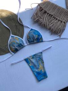 Conjunto de Biquini de Fita Marmorizado Cortininha Calcinha Fio Dental Moda Praia Feminino 2025 - Azul - Visão 3
