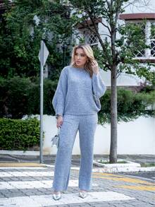 Women's Winter Set In Gray Mousse Ribbed Knit Oversize Top And Pants | Fits 36 To 44 Textured Pattern Wool-Like Fabric Pocket Drawstring Women's Daily Fall/Winter Clothing - Grey - View 1