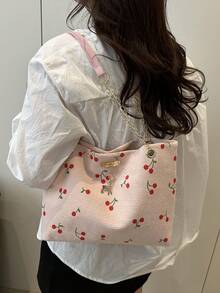 1pc Polyester Deer Pattern Decorative Large Capacity Zipper Shoulder Tote Bag, Suitable For Women's Daily Use - Pink - View 5