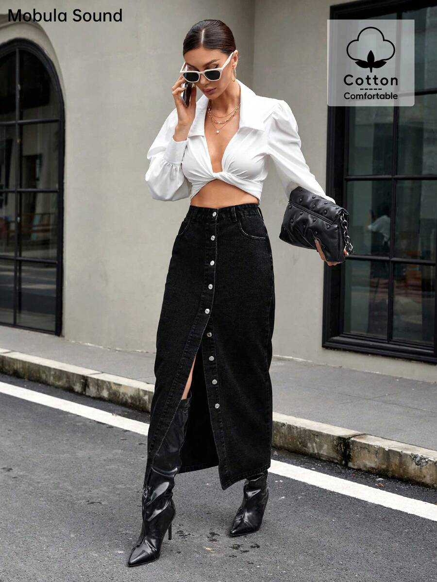 Falda larga de mezclilla elegante para mujer con diseño de abertura con botones y estilo versátil de moda para festival de música sexy Mobula, primavera/verano casual en color negro - Negro - Ver 1