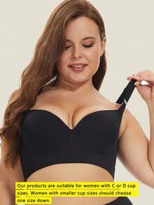 1pc Plus Size Seamless Wireless Padded Bra With Underwire, Lift & Enhance Cleavage, Deep V-Neck Design, Smooth Finish - Black - View 7