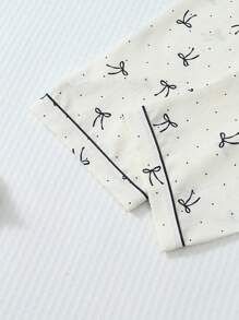 2pcs Women Polka Dot Bowknot Sleepwear Set, Long Sleeve Button Collar Top And Pants, Casual Loungewear For Home Use, Autumn/Winter, Fall Clothes