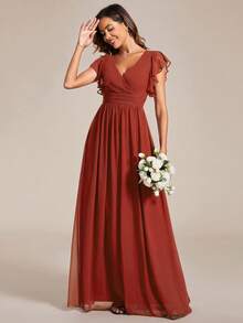 EVERPRETTY Spring V-Neck Ruched Backless Asymmetric Ruffle Hem Chiffon Bridesmaid Dress, Women Winter Formal Dress, Mother Of The Bride Wedding Gown - Rust Brown - View 4