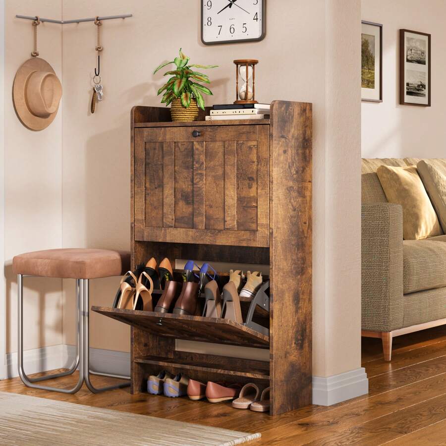 Shoe Organizer Storage Cabinet With 2 Flip Drawers,  2 Levels Of Shoe Storage,  Anti-Tip Device, With Side Hooks,Space-Saving For Hallway, For Entryway - 復古色 - 查看 1