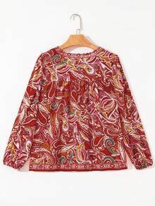 Acelitt Autumn Bohemian Paisley Print V-Neck Tie Loose Casual Long Sleeve Shirt - Multicolor - View 6
