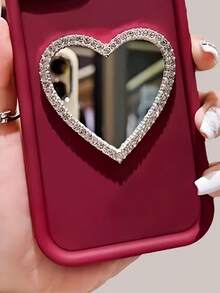 1个透明阶梯水钻砂手机壳,带心形镜子,时尚简约风格,男女皆宜,节日礼物,兼容 13、OPPO、荣耀、三星Galaxy、 11等,国际版,非国内版 - 酒紅色 - 查看 6