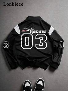 Modcrash 男士半拉链卫衣，黑白拼接赛车号码图案印花，休闲套头卫衣，春夏款 - 黑與白 - 查看 3