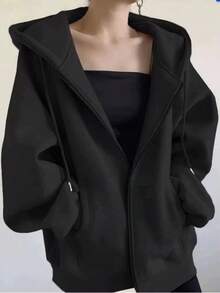 Women's Hooded Sweatshirt With Zipper Closure - 黑色 - 查看 1