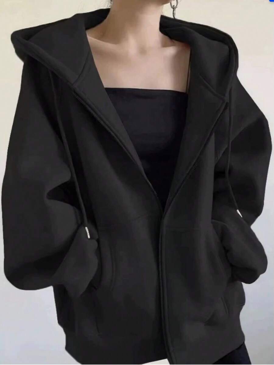 Women's Hooded Sweatshirt With Zipper Closure - 黑色 - 查看 1