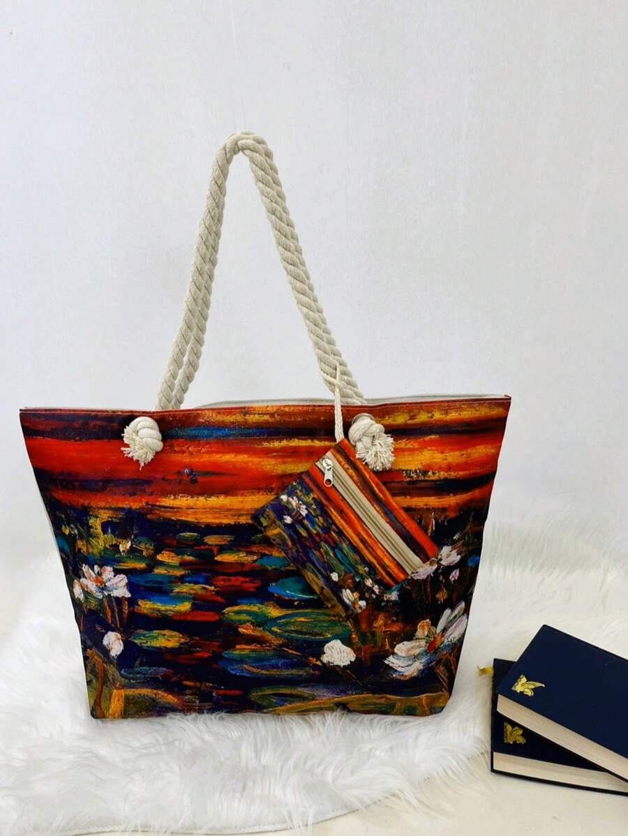 2024 New Summer Vacation Canvas Tote Bag For Women, Large Capacity, Fashion Printed One Shoulder Handbag - Monet 1 - View 1