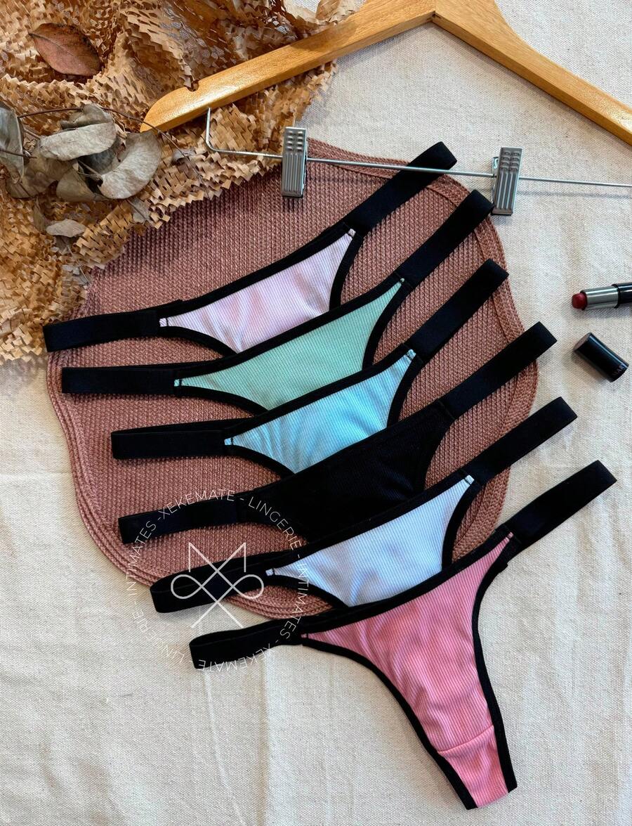 Kit Of 5 Ribbed Thong Panties With Bicolor Straps, Dental Floss, Premium Comfort Lingerie, Basic Women's Fashion - 彩色 - 查看 1