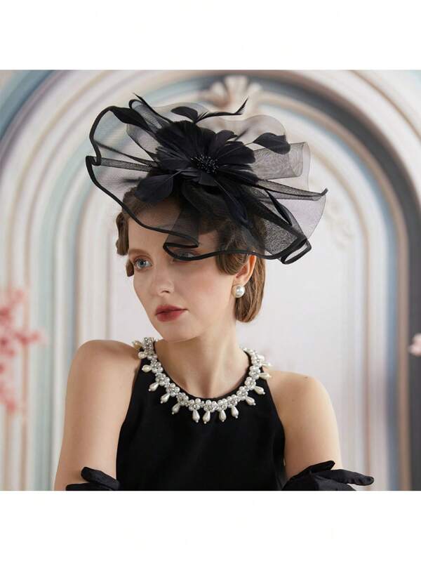 1pc Wedding Party Feather Flower Headpiece Hair Clip, Tea Party Headband Accessory Suitable For Girls And Women, Formal Occasions And Daily Wear, Tiny Hats, Derby Hat, Mini Fascinator, Mini Top Hat , Mini Cap