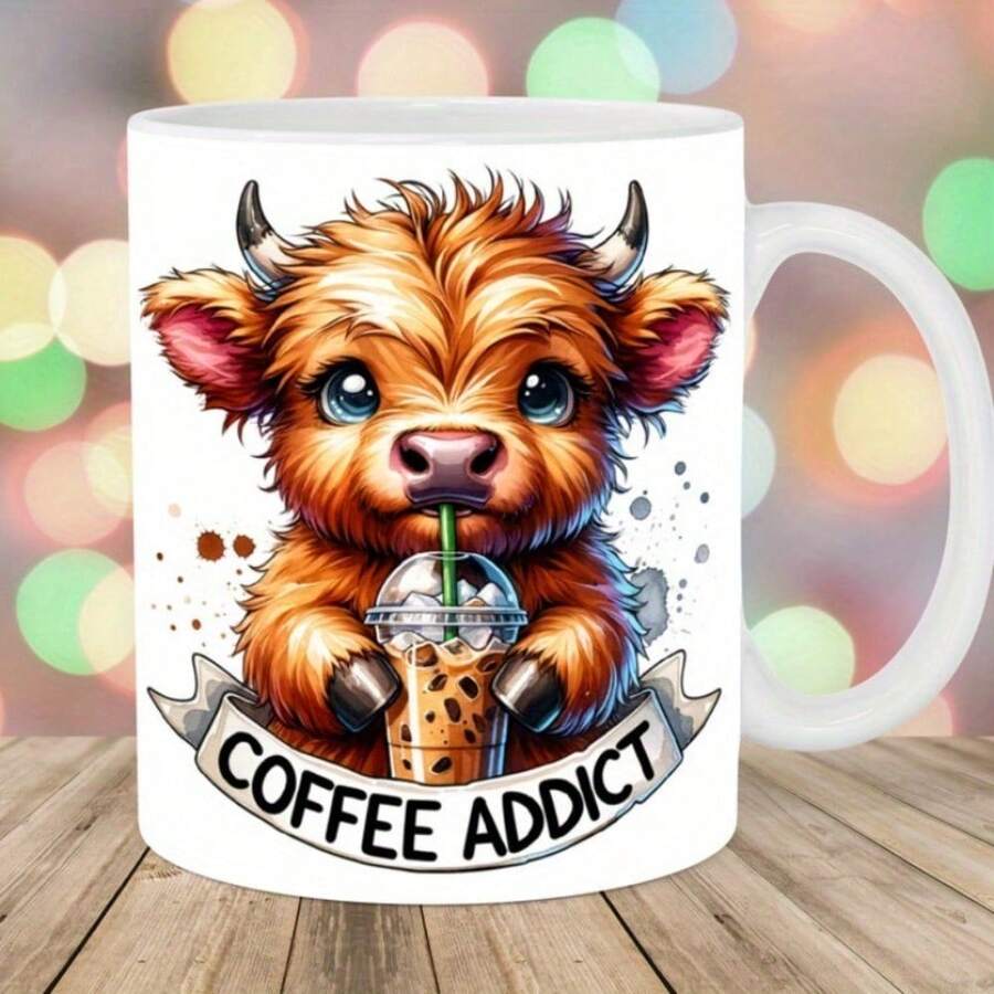 Highland Cow Mug Packaging, Mug With Elevated Design, Coffee Addiction Mug, 1 Piece, 11 Oz, Reusable Multi-Functional Cup, Kitchen Essentials, Mother's Day, Teacher Appreciation Gifts, White/Black - 多種顏色 - 查看 1
