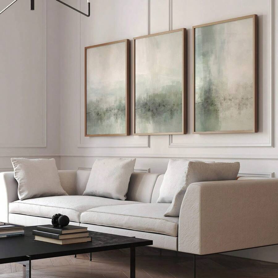 3 pièces Murale de paysage vert sauge, Murale triptyque, 3 impressions, Art abstrait zen, Peinture minimaliste, Décoration de grand salon nordique, Art mural sur canevas, Sans cadre