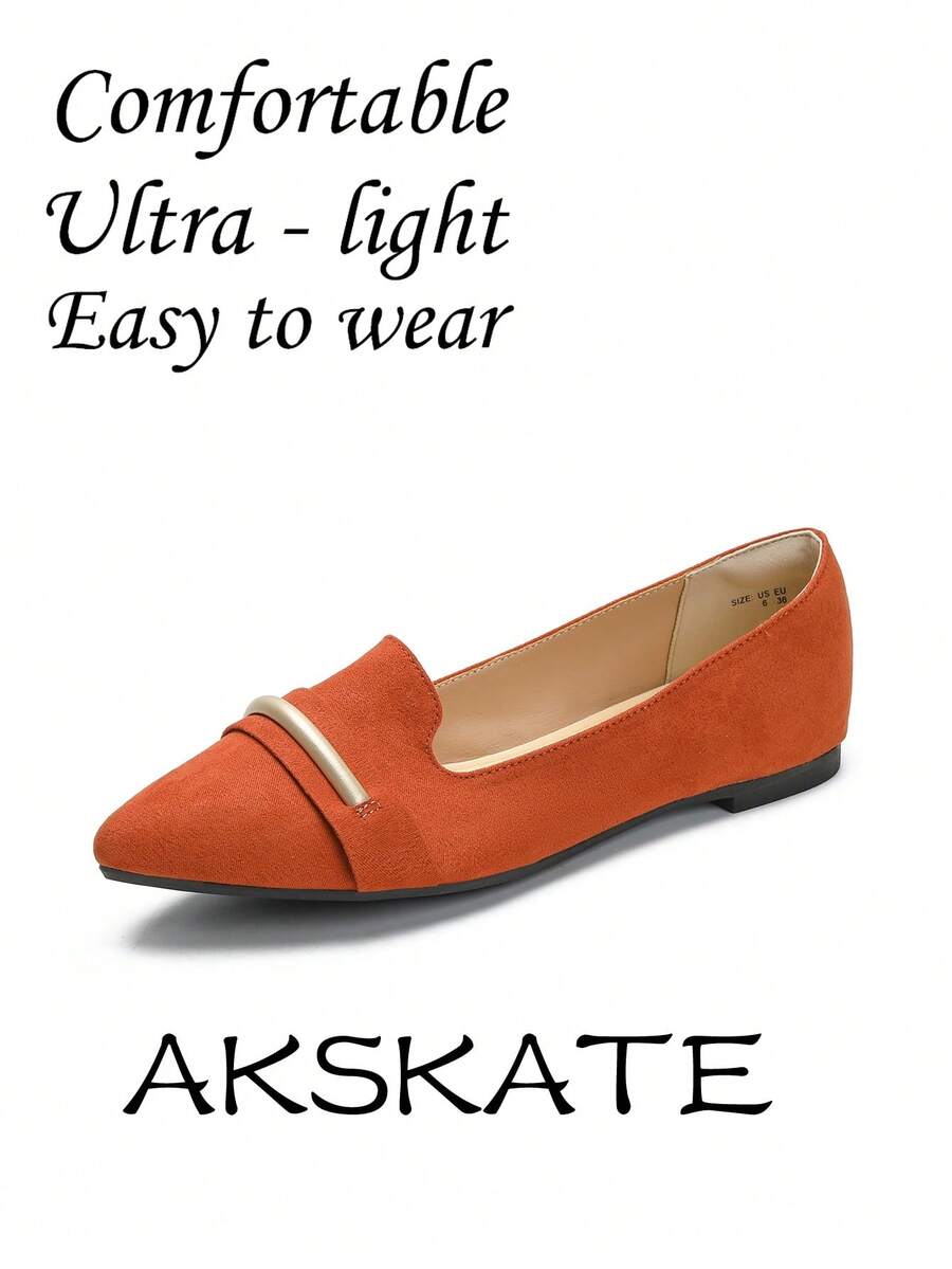 Women's Pointed Toe Flats – PU Leather With Metallic Band, Comfortable And Stylish For Work & Daily Wear, Available In Multiple Colors - 橘色 - 查看 1