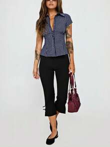 Women's Y2K Plaid Shirt Button-Up Short Sleeve Collared Slim Fit Casual Summer Blouse Tops - 藏蓝色 - 查看 5