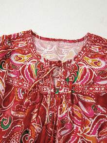 Acelitt Autumn Bohemian Paisley Print V-Neck Tie Loose Casual Long Sleeve Shirt - Multicolor - View 7