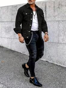 Men's Slim Casual Cotton Denim Jacket Coat - Black - View 6