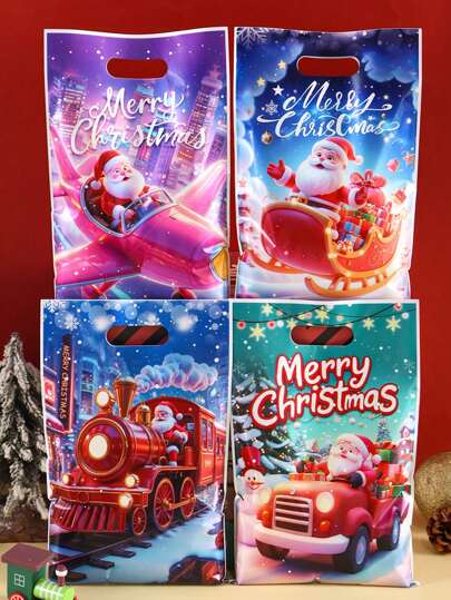 10/20/50pcs Vibrant Merry Christmas Plastic Gift Bags Santa Claus With Plane Train Design Durable Party Favor Bags For Christmas Decorations For Home 2025 Seasonal Reusable Treat Bags & Gifts Wrapping Supplies Happy New Year Eve 2026 Christmas Christmas Decorations Christmas Pajamas Christmas Gifts Christmas Decor
