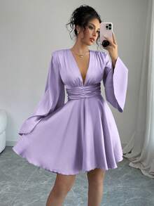 abyoxi Solid Color V-Neck Long Flare Sleeve Waist Ruched Ruffle Hem Satin Elegant Party Dress, Suitable For Wedding, Birthday Party, Back To School Season, Autumn/Winter Women Spring - Purple - View 2