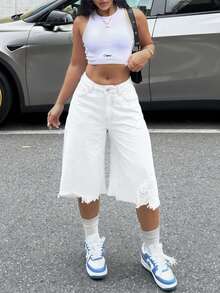 Women's Distressed Asymmetrical Hem Capri Jeans - White - View 2