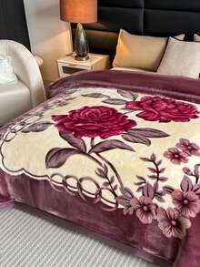 1pc Christmas Floral Pattern Blanket, Soft Double-Layer Raschel Throw Blanket, Long Plush Warm & Cozy For Bedroom, Living Room, Travel