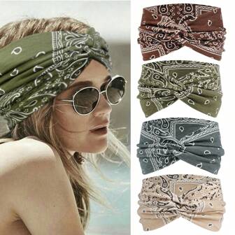 1条/4条装新款女士扎染弹力发带，佩斯利花纹和纯色柔软瑜伽运动健身头巾发饰运动发带女士头巾骑行吸汗带秋季配饰秋冬度假装扮女士优雅围巾女士头巾柔软头巾