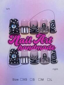 春夏鸭嘴造型手工Y2K时尚美甲贴纸，裸色、红色、棕色、法式美甲、豹纹、十字架、爱心图案可选，10片/套，3种尺寸可选，适合派对、婚礼和日常佩戴，包含工具包，是送给女性和女孩的绝佳美甲礼物，手工美甲贴片。 - 黑色 - 查看 1