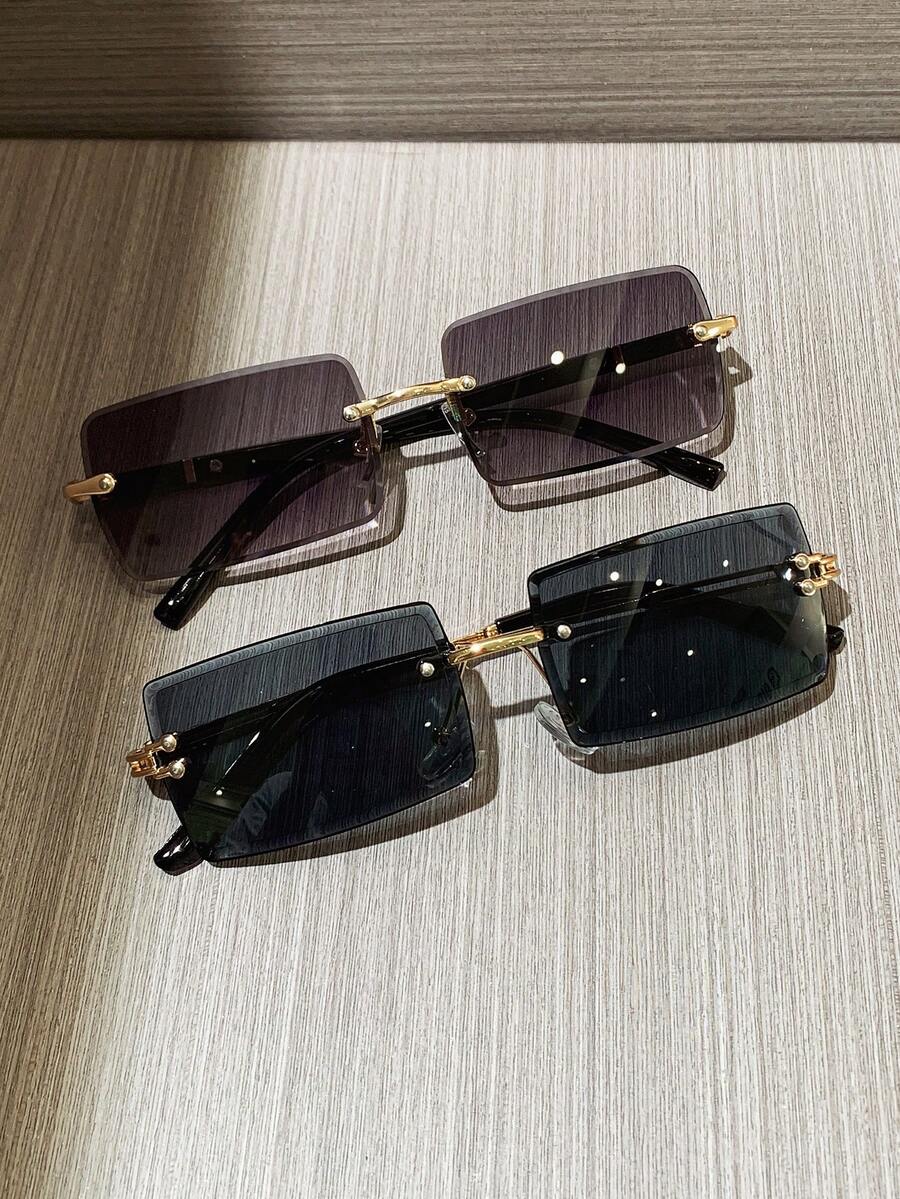 2pcs Frameless Sunglasses, Women's Retro Rectangular Metal Fashion Glasses, Classic Style For Outdoor Travel Beach Vacation Casual Wear, Summer UV Protection Driving Sunglasses For Men - 彩色 - 查看 1