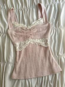 Women's Y2K Knit Cami Tank Tops Vintage Lace Trim Bow Decor Square Neck Sleeveless Slim Fit Ribbed Camisole Crop Top Summer Backless Kintted Vests Shirts Teen Girls Fairy Grunge Aesthetic Clothes Party Club Streetwear - 粉色 - 查看 1