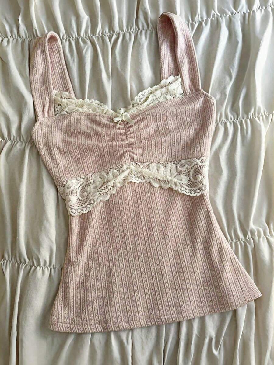 Women's Y2K Knit Cami Tank Tops Vintage Lace Trim Bow Decor Square Neck Sleeveless Slim Fit Ribbed Camisole Crop Top Summer Backless Kintted Vests Shirts Teen Girls Fairy Grunge Aesthetic Clothes Party Club Streetwear - 粉色 - 查看 1