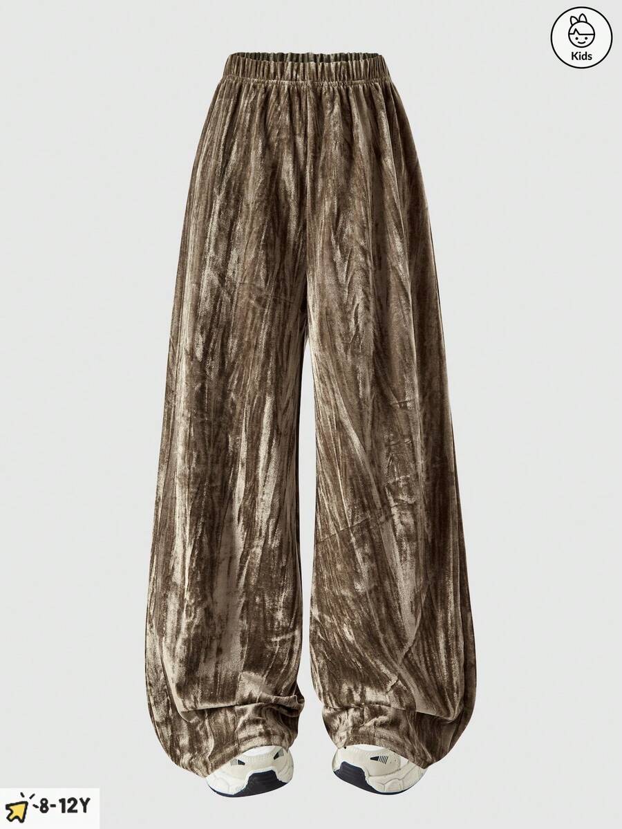 春秋冬款时尚优雅天鹅绒宽松休闲裤，适合女孩穿着，面料舒适，适合日常户外穿着 - 棕色 - 查看 1