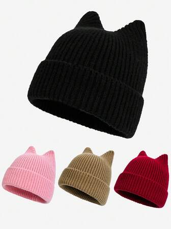 1 件男女通用纯色简约可爱猫耳针织帽，适合秋冬日常穿着，保暖防风，送给女朋友的绝佳礼物