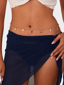 1pc Bohemian Style Ocean Beach Elements Starfish, Shell, Turtle, Seashell Pendant Tassel Waist Chain, Vintage Faux Pearl Pendant Sexy Body Chain, Suitable For Women's Daily Beach Holiday Decoration Jewelry - Yellow Gold - View 3