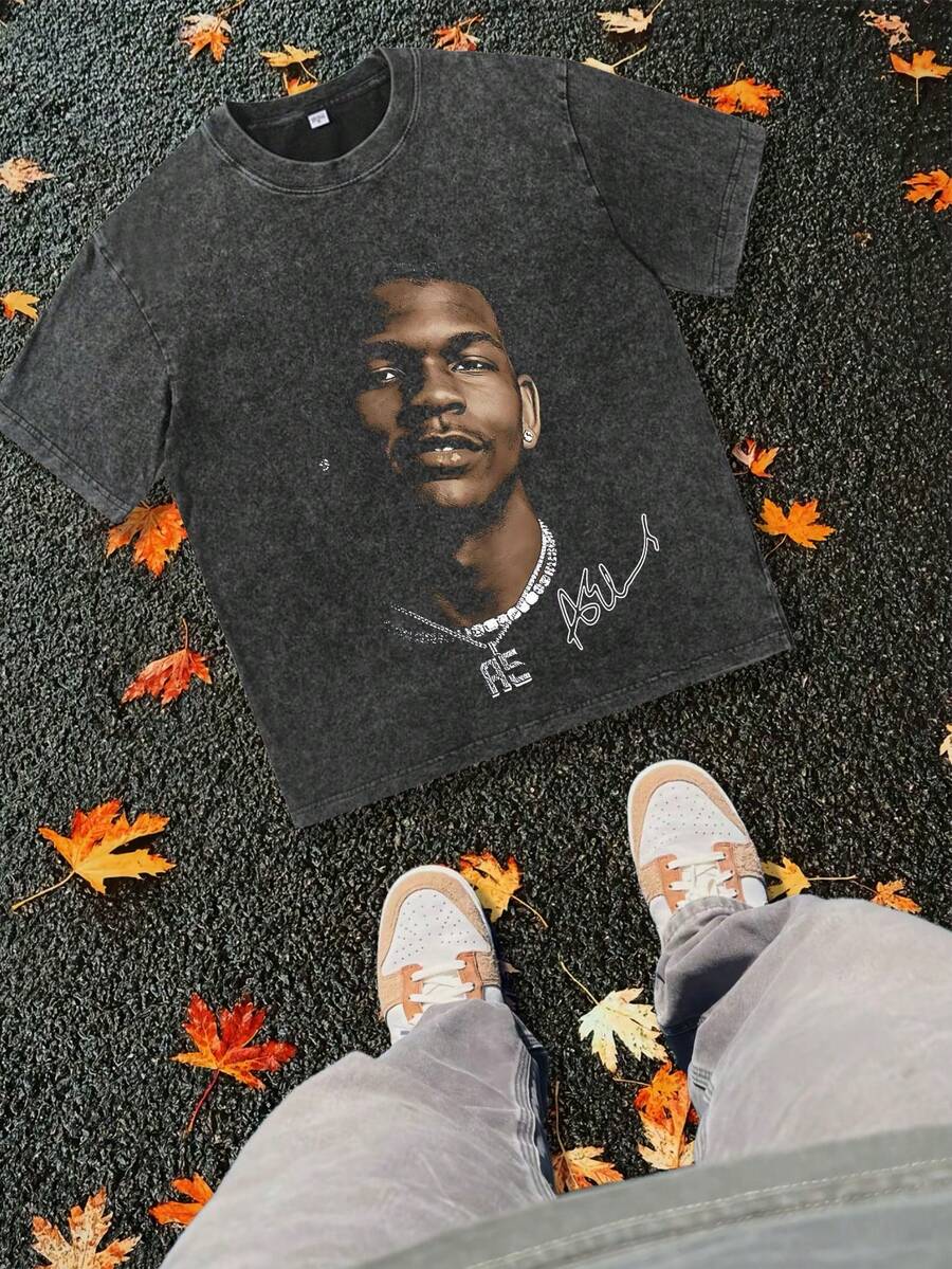 100% Pure Cotton, Make Old,Retro, Unique Figure Image Print, Unisex Loose T - Shirt,230g Round-Neck T-Shirt, Wash Water, Unisex,DG004