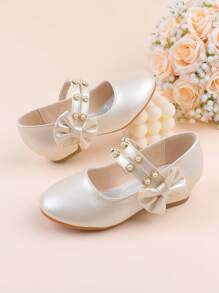 女童时尚白色香槟色蝴蝶结装饰优雅高跟礼服鞋，适合正式场合、派对、婚礼、演出、舞蹈等，适合幼儿、小女孩和大女孩。