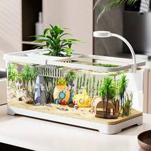 大型透明水族箱，适合养龟，适合家庭、客厅、桌面，带盖和植物篮 - 白色 - 查看 7