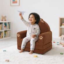 Kids Couch, 2-In-1 Convertible Soft Sherpa Fabric, Toddler Chairs Comfy 1-5 Years Old, Cartoon Animal & Crown Design, Toddler Furniture For Bedroom And Playroom, Bear, Medium - 棕熊三折 - 查看 9